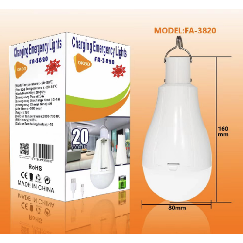Лампочка Кемпінг із знімним акумулятором (18650) LED Emergency Bulb OKgo FA3820 20 Вт Лампочка Кемпінг із знімним акумулятором (18650) LED Emergency Bulb OKgo FA3820 20 Вт