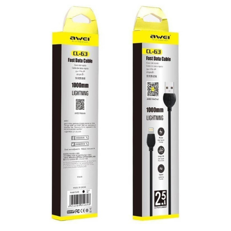 Кабель для зарядки iPhone, iPad та iPod,  AWEI CL-63 Lightning cable 1m Black