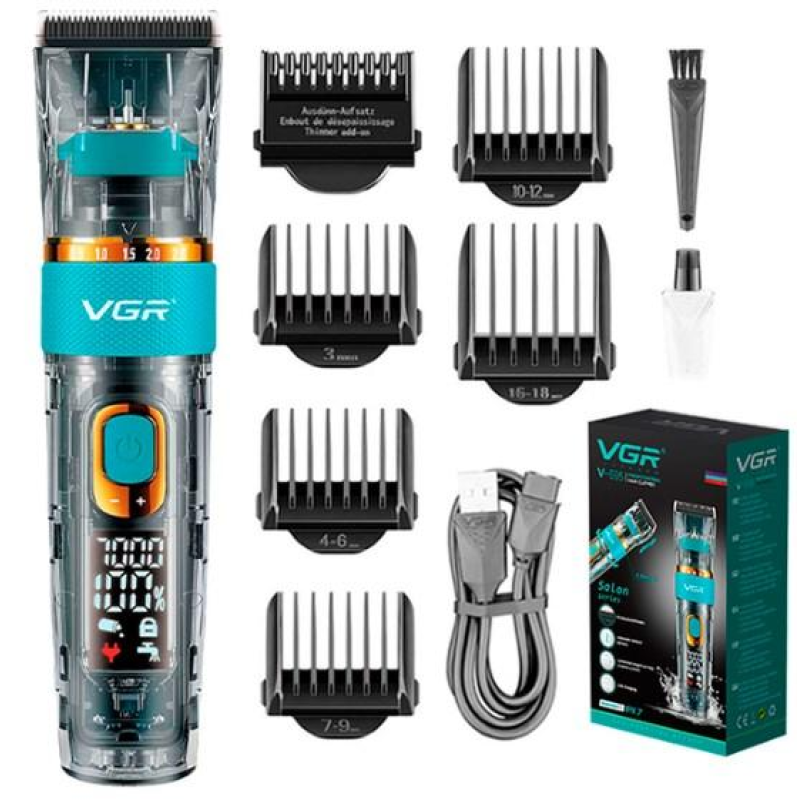 Акумуляторна машинка для стрижки VGR V-695 , 6 насадок, регулятор висоти, LED дисплей