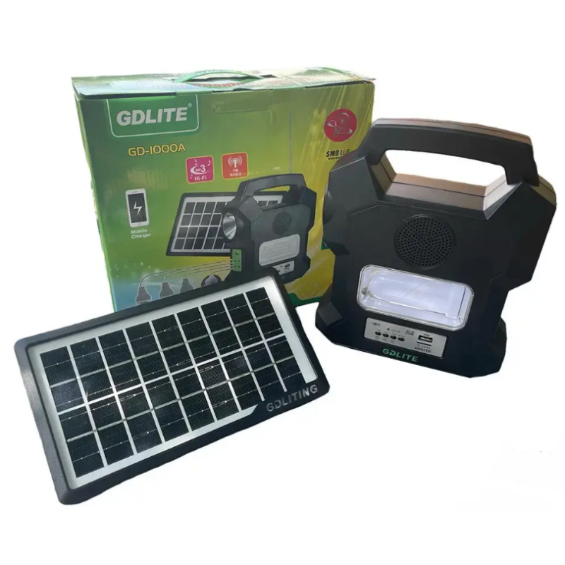 Портативна зарядна станція GD-Lite GD-1000A із сонячною панеллю (3 лампочки, FM, Bluetooth)
