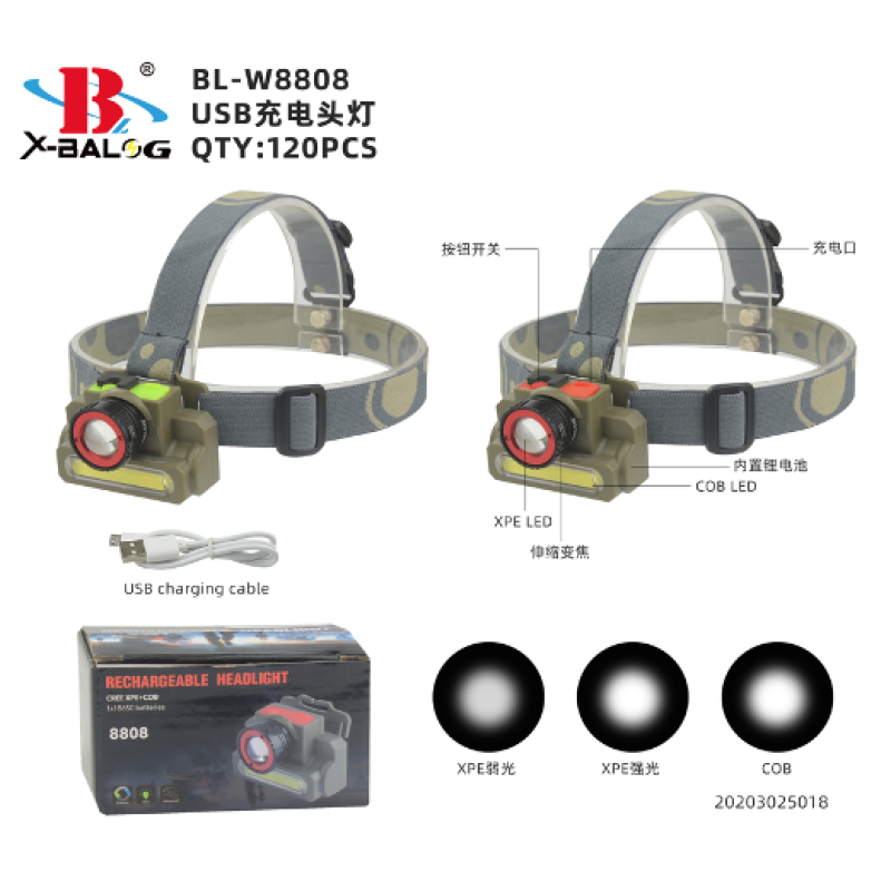 Налобний ліхтарик X-BAIL BL-W8808 XPE+COB, HEAD TORCH Налобний ліхтарик X-BAIL BL-W8808 XPE+COB, HEAD TORCH