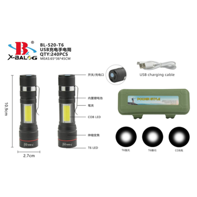 Ліхтар ручний (Bailong) X-BAIL BL-510 -XPE+COB + ЗП microUSB + 3 режими + zoom (240 шт.)