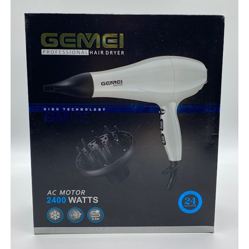 Фен для волосся GEMEI GM105 2400 Вт Білий (AC Motor) (12шт) Фен для волосся GEMEI GM105 2400 Вт Білий (AC Motor) (12шт)