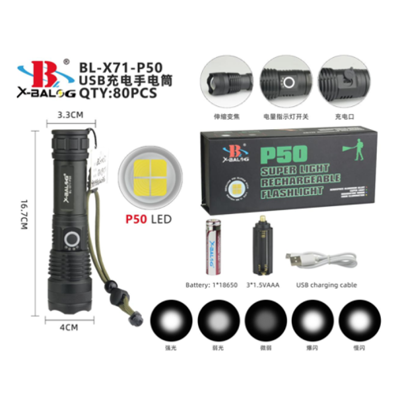 Ліхтар ручний (Bailong) X-BAIL BL-X71-P50 (USB micro charge) (80шт)
